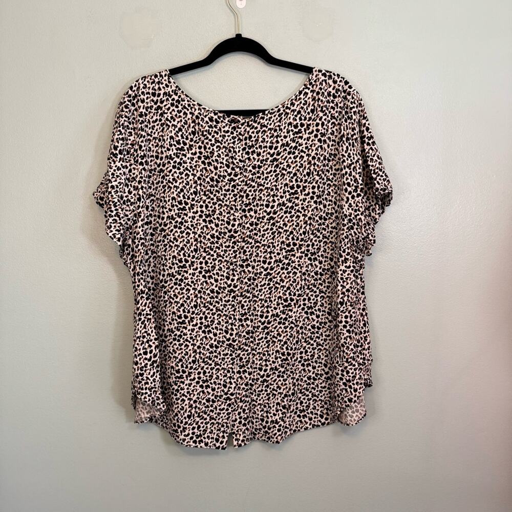 Ava & Viv Blouse Womens 2X Cream Black Leopard Print Round Neck Short Sleeve Top - Picture 8 of 10